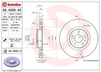 Produktbild von 2x BREMBO Bremsscheibe 09.4939.41 für FIAT 500L (351_ 352_) 43mm 284mm