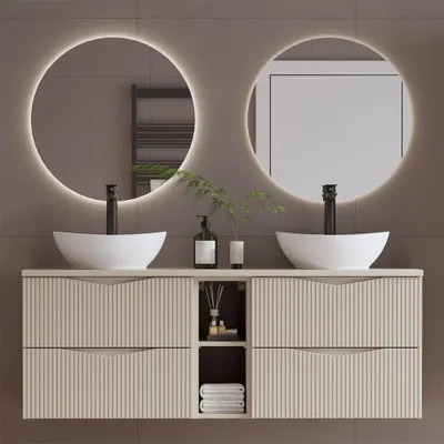 Produktbild von Badmöbel-Set 3-teilig mit 140 cm Doppelwaschtisch & 2 LED-Spiegeln in beige mit gerillter Front - CALURI-140