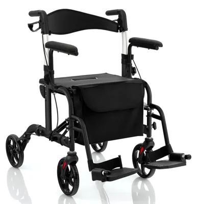 Produktbild von 2-in-1 Rollator Faltbar Leicht mit Sitz, Höhenverstellbare für Senioren, Aluminium Rollstuhl, Fußstützen, Tasche, Stockhalter, 136 kg (Schwarz)