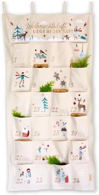 Immagine prodotto di Calendario dell'Avvento da appendere al muro, colore beige, con ricami natalizi, sacchetti da riempire, dimensioni 60 x 120 cm