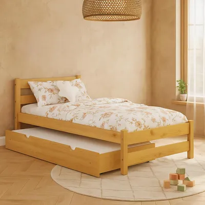 Produktbild von MEBLE WRÓBEL Kinderbett 80x160 cm mit Auszugbett und Lattenrost - Einzelbett aus Kiefer Massivholz - Kinder Bett Montessori – Jugendbett - ohne Matratze