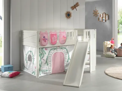 Produktbild von VIPACK - Spielbett SCOTT, LF 90 x 200 cm, mit Rolllattenrost, Rutsche, Leiter und Textilset Vorhang und 3 Taschen "Birdy"