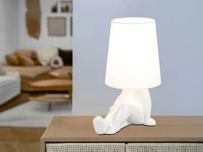 Produktbild von Ausgefallene LED Tischlampe Keramik Weiß mit Stoffschirm, kleine Nachttischlampe