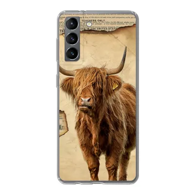 Produktbild von MuchoWow® Handyhülle Schutzhülle Hülle für Samsung Galaxy S21 Schottischer Highlander - Retro - Zeitungsartikel Silikon Softcase Handy Hülle - Softcase