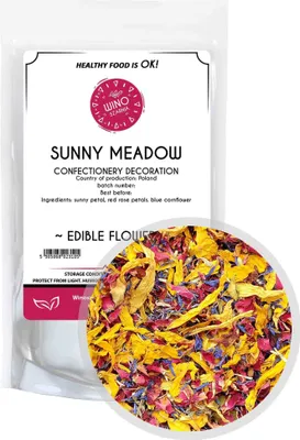 Produktbild von Blumen für Tortendekoration Sonnenblumenwiese - 10g Essbare Blumen | Sonnenblumenblatt | Rotes Rosenblatt | Blaues Grenadierblatt