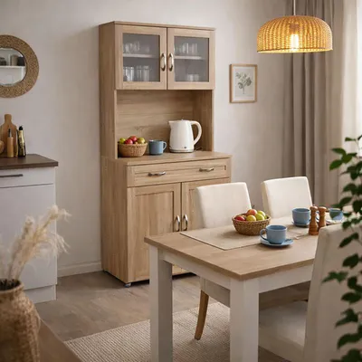 A dining room scene featuring a buffet cabinet and a dining table set for a meal.
