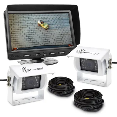 Produktbild von Carmedien Rückfahrvideosystem mit 2 weißen Rückfahrkameras für Wohnmobil LKW Monitor TFT