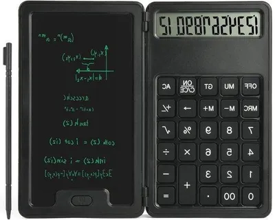 Productafbeelding van Draagbare rekenmachine met notitieblok en LCD-schrijfbord - 12 cijfers, groot display, ideaal voor school en kantoor