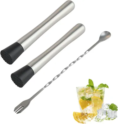 Imagen del producto de Aplastador de cócteles con cuchara de bar - Juego de 2 - Triturador de hielo de acero inoxidable y aplastador para mojitos - Utensilios para coctelería, ideales para caipiriñas