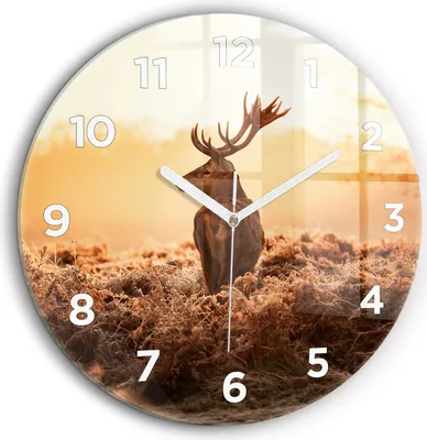 Produktbild von Wallfluent Große Wanduhr – Stilles Quarzuhrwerk - Uhr Dekoration Wohnzimmer Schlafzimmer Küche - Zifferblatt - weiße Zeiger - 60 cm - Hirsche bei Sonnenaufgang
