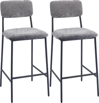 Image de Ensemble de 2 tabourets de bar, rembourrés, dossier haut, tissu gris, acier