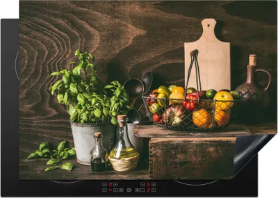 Produktbild von KitchenYeah© Herdabdeckplatte Gemüse - Kräuter - Rustikal - Stilleben - Basilikum , 75x52cm, Küche Deko, Glaskeramikkochfeld Herdabdeckung, Abdeckplatte fùr Kochfeld