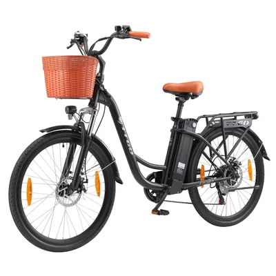 A black electric bicycle with an orange basket and seat, shown against a white background.