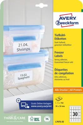 Zdjęcie produktu dla Etykiety do zamrażarek AVERY Zweckform L7975-25, 30 x 50 mm, białe
