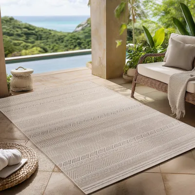 Produktbild von Outdoor Teppich wetterfest, Balkon, Terrasse, Garten, Wohnzimmer und Esszimmer, Skandinavisches Boho-Design, Größe: 280 x 370 cm, Farbe: Beige-3