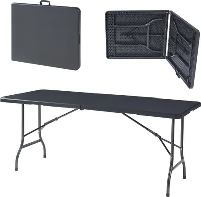 A black folding table is shown in three different configurations: folded and closed, folded and open, and fully set up.