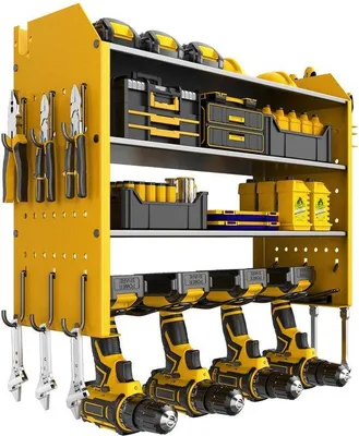 Produktbild von Elektrisches Werkzeugregal, 4 Ebenen Werkzeughalter, Wandmontage, Aufbewahrung für 4 Elektrowerkzeuge, Schlagbohrschrauber Werkzeugträger, gelbe Lackierung