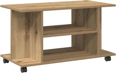 A wooden TV stand with shelves and wheels, shown against a white background.