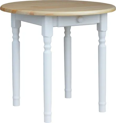 A round dining table with a wooden top and white legs, shown from a front-facing angle against a white background.