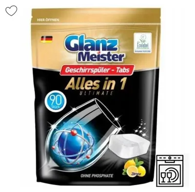 Zdjęcie produktu dla Glanz Meister tabletki do zmywarki Alles in 1 Ultimate 90 sztuk cytrynowe