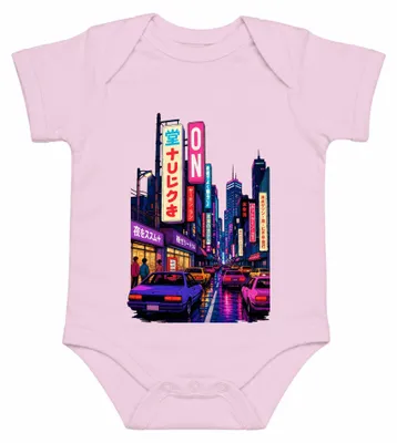 Immagine prodotto di Body per neonato, rosa, con motivo Tokyo, Giappone, città notturna, neon, cyberpunk, auto JDM, strada, estetica Y2K, taglia 12/18