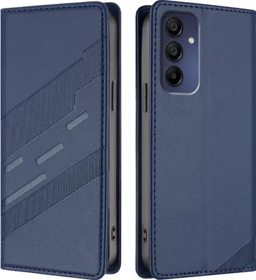 A blue flip case for a smartphone, shown from two angles.