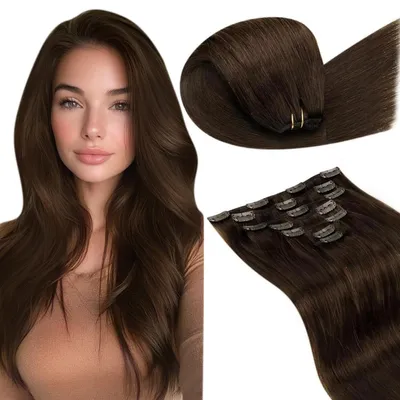 Zdjęcie produktu dla Pasemka do włosów typu clip-in, naturalne włosy, ciemnobrązowe, 55 cm, 105 g, 7 sztuk