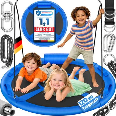Produktbild von ELONEO Nestschaukel Outdoor & Indoor 90/120 cm Tellerschaukel höhenverstellbar inkl. Kissen, Griffen & Zubehör-Set, Blau - 120cm