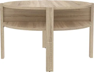 A light brown wooden coffee table with two shelves, isolated on a white background.