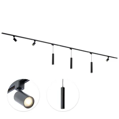 Produktbild von Qub Focus III - LED Schienensystem - Schwarz - 1-Phasen - 400cm - 3x Spots & 3x Pendelleuchten - I-Form - GU10