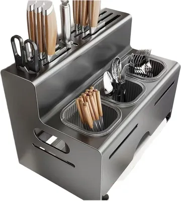 Produktbild von Utensilienhalter aus Edelstahl mit Ablaufschale, Küchen-Organizer für Essstäbchen und Küchenwerkzeuge, belüfteter Arbeitsplattenhalter und platzsparendes Aufbewahrungsregal