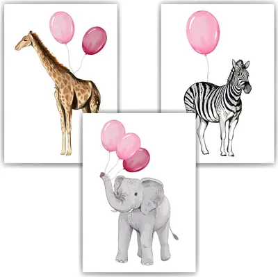 Produktbild von Niedliche Safari Tiere Luftballon Bilder 3er Set DIN A4 Kinderzimmer Wandbilder Babyzimmer Poster Dekoration - Giraffe Elefant Zebra