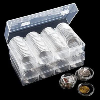 Image de 100 capsules pour pièces de 27 mm, avec boîte de rangement pour la protection des pièces