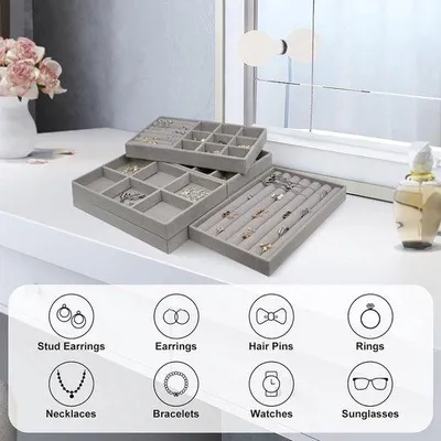 Image de Unyqoos® : Coffret de 6 présentoirs en velours pour bijoux – présentoirs empilables pour vitrines (velours et MDF), organisateur à bijoux pour bagues, boucles d'oreilles, bracelets, colliers