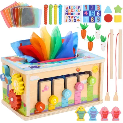 Produktbild von Yulado Montessori Spielzeug ab 1 2 3 Jahr,6-in-1 Tücherbox mit Knistertuch, Motorikwürfel Holzspielzeug,Kinder Holzspielzeug Motorikspielzeug ab 1 Jahr