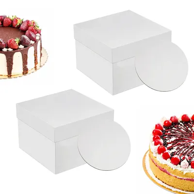 Image de Lot de 2 boîtes à gâteaux Relaxdays, avec supports à gâteaux, 30 x 30 x 30 cm, boîte à gâteaux haute, mariage et anniversaire, carton, blanc