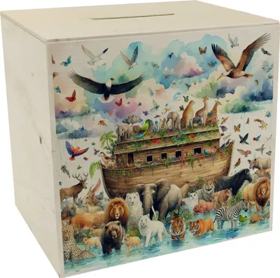 Produktbild von Holz Spardose 'Arche Noah', bunt bedruckt mit biblischen Tierpaaren, ca. 9,8x10,1x8 cm