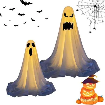 Immagine prodotto di Decorazioni di Halloween - 2 fantasmi luminosi da esterno - Decorazioni di Halloween da esterno con luci a LED - Fantasmi in piedi dall'aspetto inquietante alimentati a batterie - Decorazioni di Halloween per terrazza, prato e feste in giardino