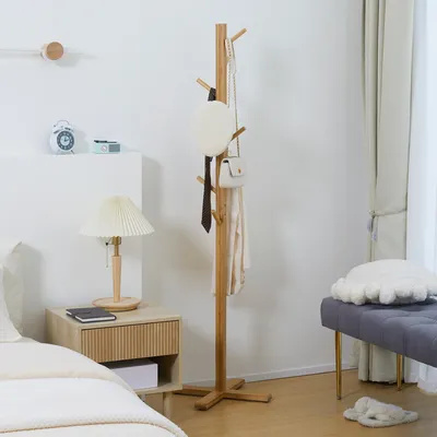 Zdjęcie produktu dla Stojak na ubrania z naturalnego bambusa, wieszak z 8 haczykami, wolnostojący wieszak do przedpokoju, naturalne drewno | 49,5 x 49,5 x 178 cm | 24 kg | wodoodporny