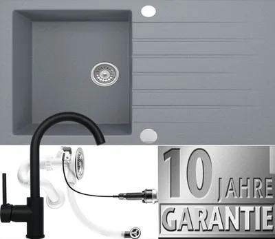 A collage showing a granite kitchen sink, a black faucet with plumbing, and a 10-year warranty badge.