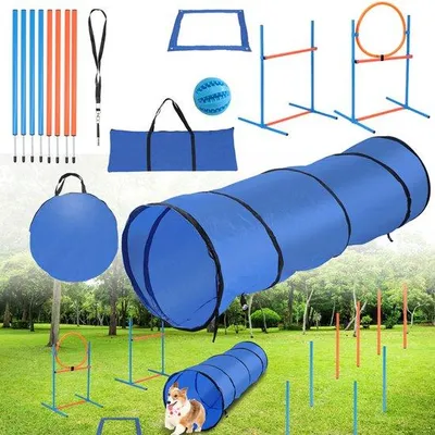Produktbild von Agilität für den Hund – Agilität-Set mit Aufbewahrungstunnel – Hundetunnel – Hundespielzeug – Slalomstangen - Springring - Vollständiges Set für Hunde