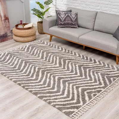 Produktbild von Hochflor Teppich Shaggy Taupe 100x300 cm - Chevron-Muster, Kettfäden - Flauschiger Wohnzimmerteppich
