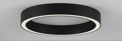 A black ring-shaped ceiling light with a white LED light strip is mounted on a light gray ceiling.
