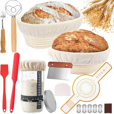 Produktbild von Sauerteig Starterset 12-teilig, runder und ovaler Gärkorb, Sauerteigglas 650 ml, für Küche