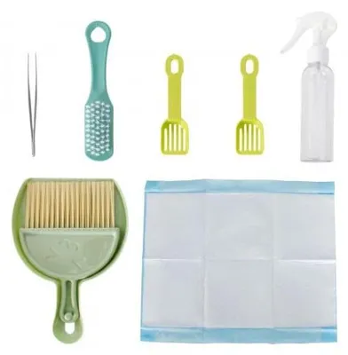 Haustier-Reinigungsset Mini-Besen, Kehrschaufel, Pinzette, 10 Pads