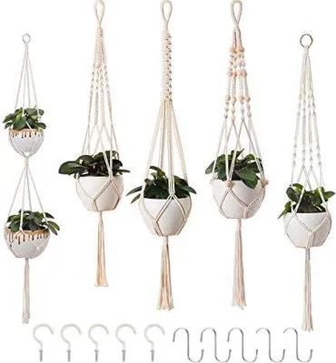 Produktbild von Petutu 5er Set Makramee Blumenampel, Boho Deko Baumwollseil Hängeampel Blumentopf Pflanzen Halter Aufhänger für Innen Außen Decken Balkone Wanddekoration (Beige)