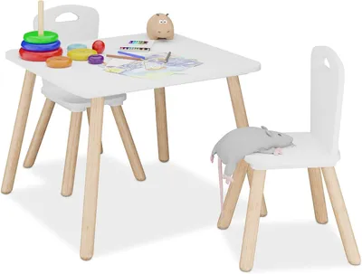 Productafbeelding van Kindertafel met 2 stoeltjes - Delige set - Zithoogte: 27 cm - Kleuters - Speeltafel - Kinderkamer - Wit-natuur