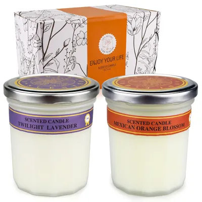 Produktbild von LARS360 Duftkerzen Set 210g – 2-teiliges Aromatherapie Set mit Aufklebern und Can Glasses, für eine entspannende Atmosphäre - Lavendel + Mexikanische Orangenblüte