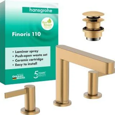 Imagen del producto de Grifo de lavabo Hansgrohe Finoris de 3 orificios, modelo 110, con sistema de desagüe de apertura mediante presión y acabado en bronce cepillado