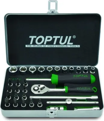 Produktbild von TOPTUL Steckschlüsselsatz GCAD3102 Chrom-Vanadium-Stahl Metallcontainer 1.4kg